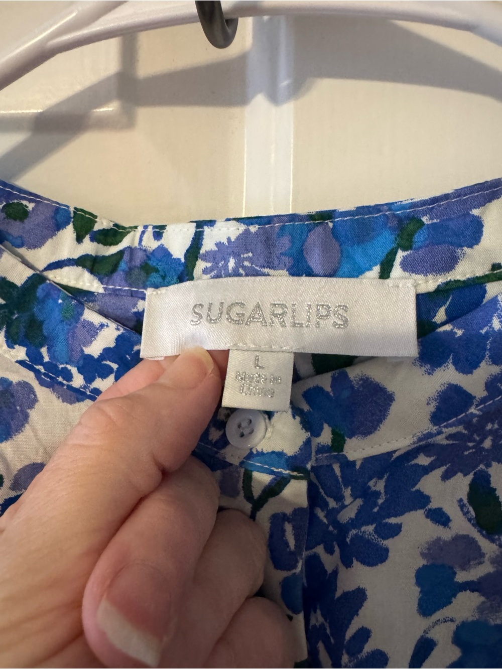 Sugarlips Blue Floral Puff-Sleeve Blouse with Green Accents - Picture 3 of 5